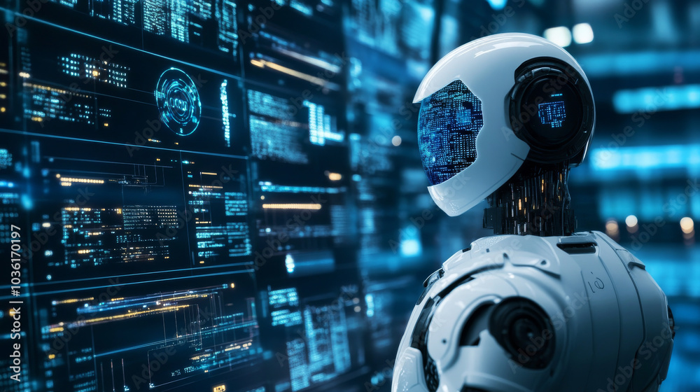 Poster robots and humans work together using artificial intelligence to analyze massive amounts of data fro