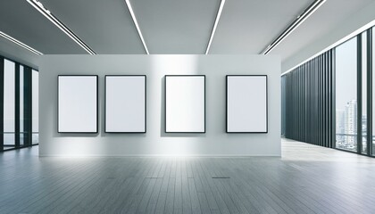 Obraz premium Clean gallery interior with blank poster display in modern room. 3D Rendering