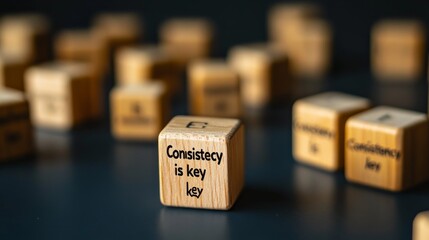 Wooden blocks with motivational phrases, emphasizing the importance of consistency.