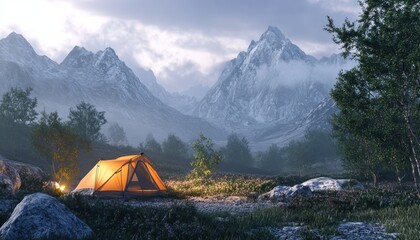 Camping at dawn with a glowing tent surrounded by majestic mountains