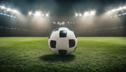 A soccer ball on a well-lit field just before a night match