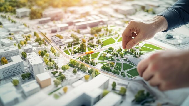 A dynamic shot of an urban planner mapping out pedestrian-friendly pathways and green spaces in a bustling city center, Urban planning design scene, Pedestrian-friendly urbanism style