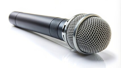 Sleek and modern microphone is lying on a reflective surface, ready to amplify sound and capture audio