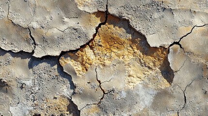 Fototapeta premium A close-up image shows a rock wall with yellow and gray paint peeling from its sides, revealing a yellow spot in the center of the middle section