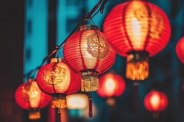 Fototapeta premium Chinese red lanterns with intricate designs at night