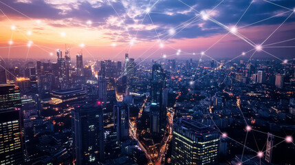 Fototapeta premium Smart cities use advanced technology like 5G and LPWA to connect everything and improve communication. This allows for better services and a more efficient way of life.