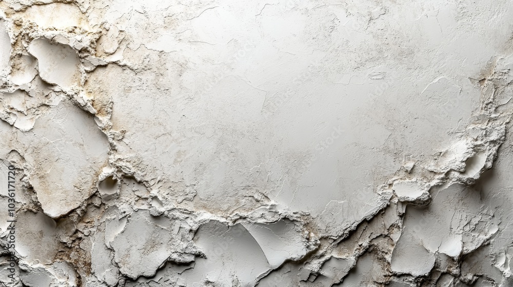 Leinwandbilder The surface features an intricate pattern of peeling plaster, exposing different layers and textures. Soft light highlights the details, showcasing a mix of color and wear.