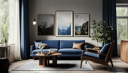 Cozy modern living room with blue accents and nature prints in a serene atmosphere