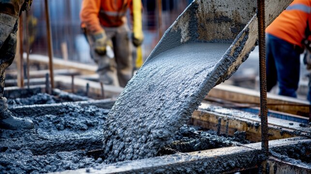 A dynamic shot of construction workers pouring concrete into formwork for a bridge pillar, Bridge construction scene, Concrete pouring style
