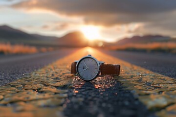 A wristwatch rests on a road with a sunset in the background. Concept of time and travel. For emphasizing adventure and journey themes.