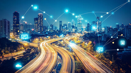 Fototapeta premium Smart cities use technology to make life better. They use data to improve things like traffic, energy use, trash collection, and communication.