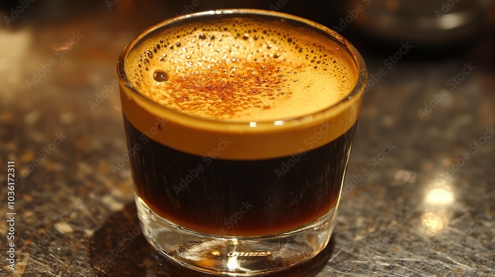 Poster   Close-up of a coffee cup on a table with brown liquid on top