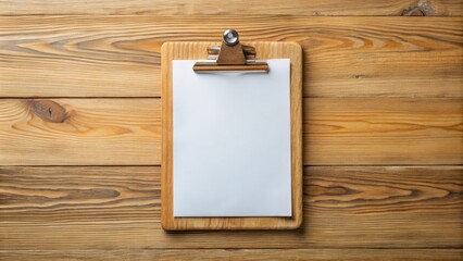 Wooden clipboard with a blank sheet of paper is lying on a rustic wooden table