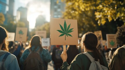 People at a rally holding signs advocating for cannabis legalization and criminal justice reform