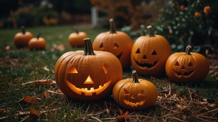 Fototapeta premium Lit jack-o-lanterns on a grassy lawn, with fallen leaves, in the evening, under the moonlight.