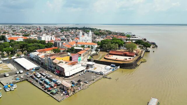 Belem, Para, Brazil - Drone footage over the "Feliz Lusitania" tourist complex, with the "Forte do Presepio", Santo Alexandre Church and Metropolitan Cathedral