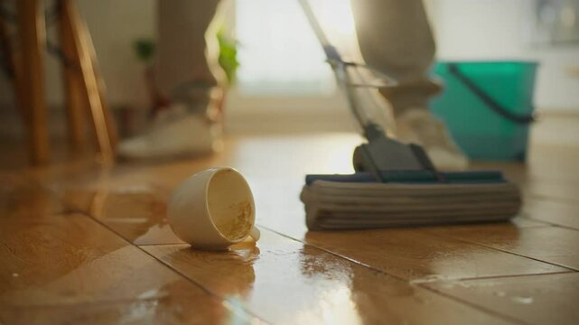 A white ceramic cup is laying on its side on a wood floor, spilling coffee. The cup has a small amount of coffee remaining in it, and there is a pool of coffee on the floor surrounding the cup