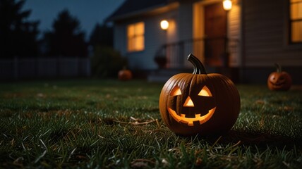 A carved pumpkin with a lit candle inside sits on a grassy lawn in front of a house with lights on, at night.