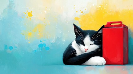   A monochromatic feline dozes beside a scarlet container against a tricolor backdrop