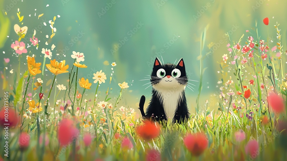 Wall mural   Black-and-white feline in flower field with surprise expression