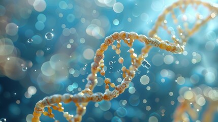 Beautiful yellow DNA double helix spiral surrounded by light bokeh and bubbles, with a calming blue background