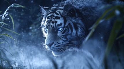 A majestic white tiger with piercing blue eyes peers through the fog in a dark forest.