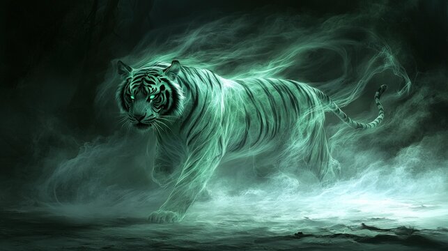 A white tiger made of smoke and green light, with glowing green eyes, walks towards the viewer on a foggy, dark background.