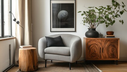 Cozy living room corner featuring a gray armchair and wooden decor