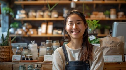 Asian woman entrepreneur promoting net zero initiatives in her retail store, emphasizing plastic-free packaging and eco care