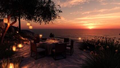 Romantic sunset dining setup by the beach with lanterns and beautiful scenery