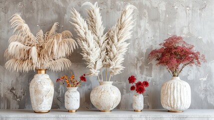 Obraz premium Beautiful background with a bouquet. An elegant composition of dry herbs in a white ceramic vase with gold trim. Decoration for Chinese New Year celebration. New Year's composition.