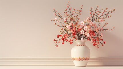 Beautiful background with a bouquet. An elegant composition of dry herbs in a white ceramic vase with gold trim. Decoration for Chinese New Year celebration. New Year's composition.