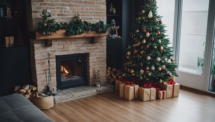 Cozy Christmas living room featuring a decorated tree and a warm fireplace