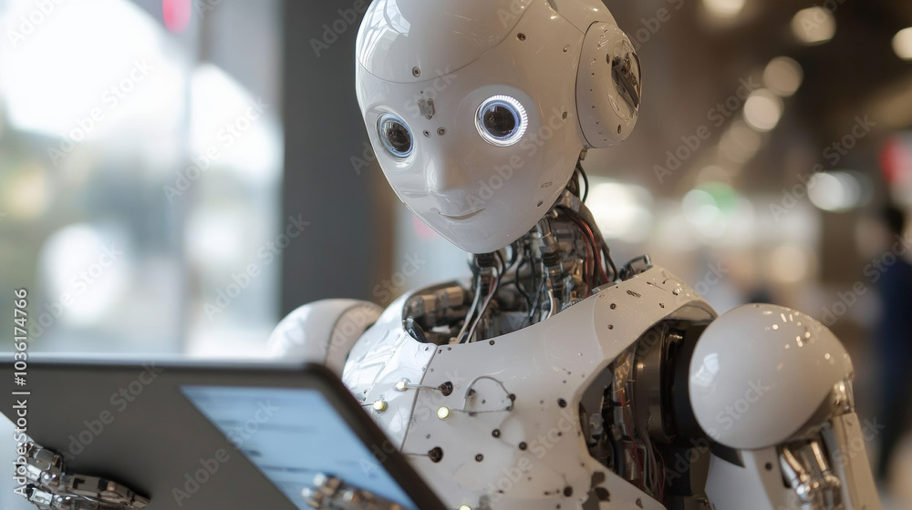 Poster the engineer manages robots using a tablet, controlling them with software and connecting to a netwo