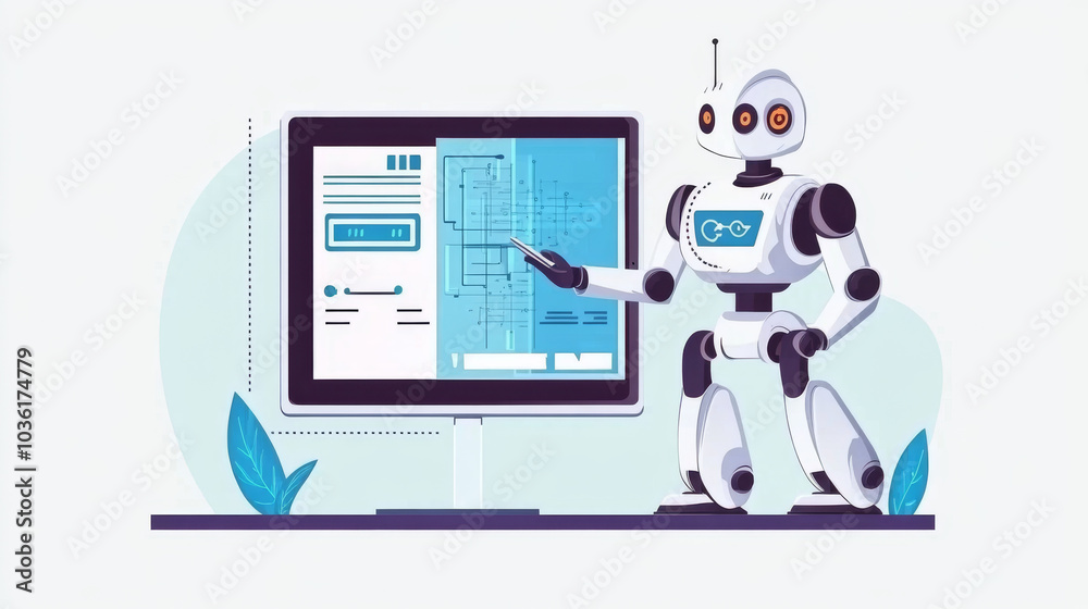 Poster the engineer manages robots using a tablet, controlling them with software and connecting to a netwo