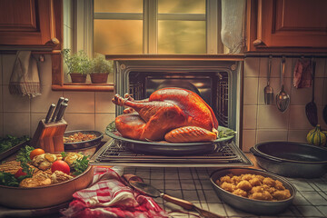 Freshly cooked Thanksgiving turkey on rustic kitchen 
