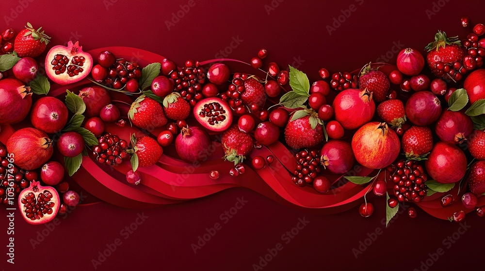 Poster   Painting of Pomegranates, Berries, & Red Leaves on Red Background with Red Ribbon