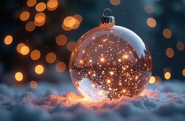 Empty snow globe, glass sphere. Golden lights inside. Bokeh, christmas tree and snow in the background. Atmospheric and festive