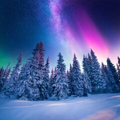 Fototapeta premium Lichtstrahlen der Aurora Borealis über schneebedeckten Bäumen im Winterwald