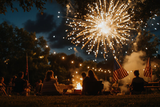 Friends at a 4th of July Holiday Backyard Party with American flags and fireworks