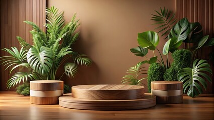 Empty wooden podium displaying on brown background with plants decor for product presentation