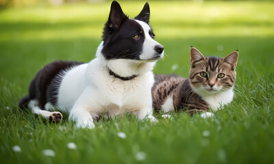 black and white dog with a cat Generated AI 