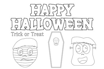 Fun Halloween-themed coloring page featuring a mummy, coffin, and Happy Halloween text. Great for kids activities and holiday fun.