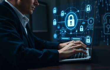 A close-up of a professional sitting at a desk, typing on a laptop, with a focus on cybersecurity and data protection. The screen displays a network security interface, with holographic icons of locks