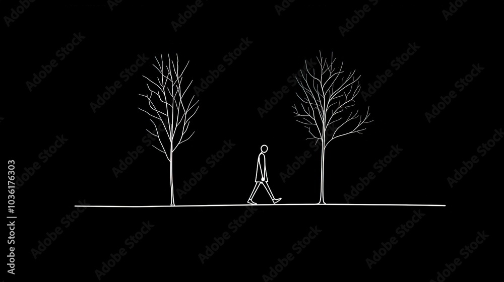 Wall mural   A monochrome illustration depicts a person strolling a dog past a row of trees devoid of foliage