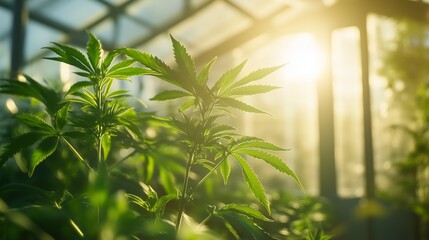 Naklejka premium Cannabis plants growing in a high-tech greenhouse, with sunlight streaming in through glass panels