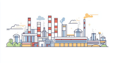 Fototapeta premium This design template uses thin lines to illustrate a factory and manufacturing building. It features icons related to energy and power, highlighting the energy production and heavy industry sectors.