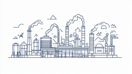 Naklejka premium This design template uses thin lines to illustrate a factory and manufacturing building. It features icons related to energy and power, highlighting the energy production and heavy industry sectors.