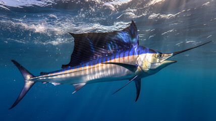 Sailfish underwater with sunrays visible