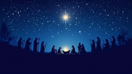 Silhouette of the nativity scene with the three wise men, shepherds, and the Bethlehem star shining brightly on a deep navy blue background, symbolizing the birth of Christ.  copy space.